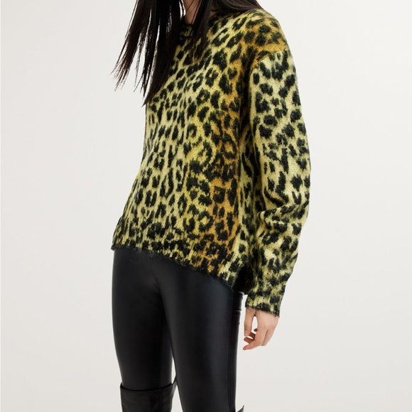 Lex Leopard Print Crewneck Sweater In Electric Yellow All Saints - Picture 2 of 5